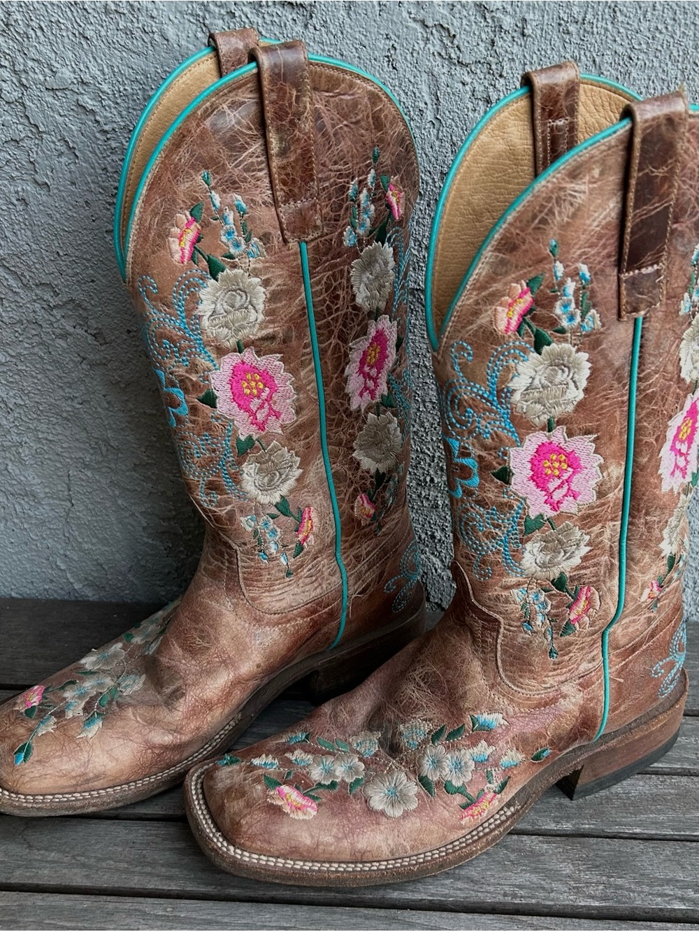Macie Bean Brown Leather Cowboy Boots with Pink & Turquoise Embroidery
